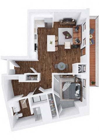 Floor plan for 1 bed, 1 bath, 947 sqft